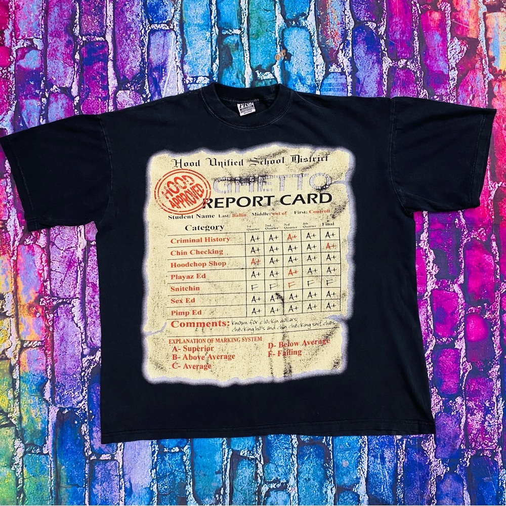 Y2K Hip Hop Ghetto Report Card Hood Approved Criminal History  size XXL